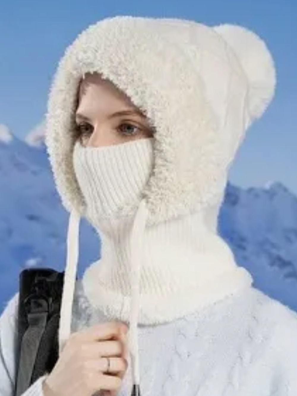 NWOT 🧣 VEGAN 3-in-1 CREAM BEIGE OFF-WHITE KNIT BEANIE/SCARF/FACE MASK COMBO HAT - Picture 1 of 13